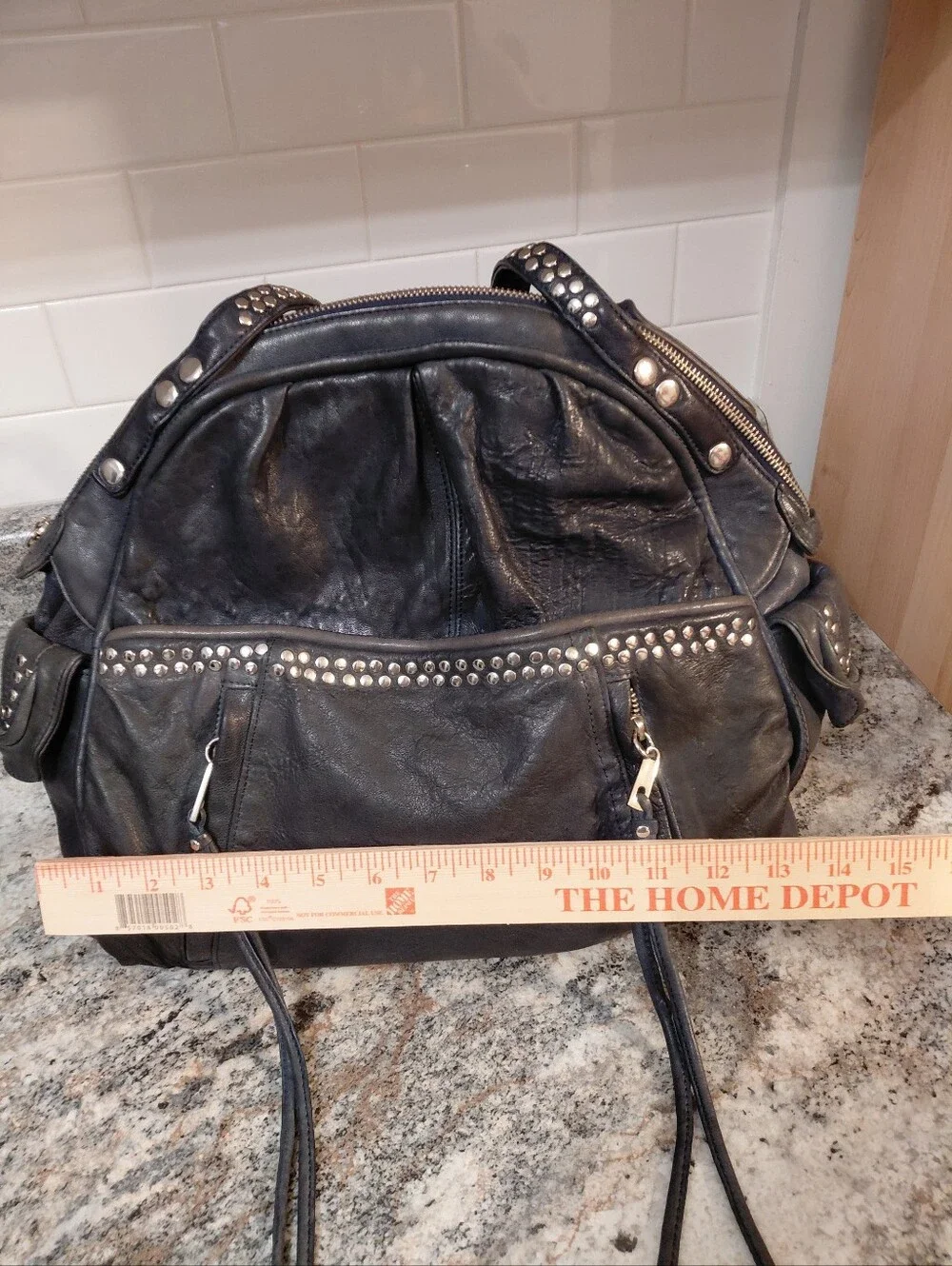 Junior Drake Charcoal Silver Studded Distressed Leather Large Hobo Bag Purse